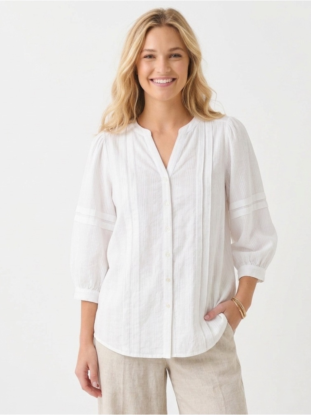 J. McLaughlin Laramie White 100% Cotton 3/4 Puff Sleeve Pintuck Blouse Small